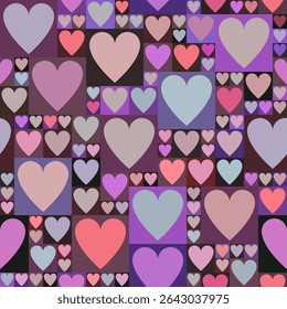 Vector pattern with mystical heart motif and dark plum purple background for witchy, dreamy, aesthetic designs