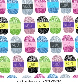 Vector pattern with needles and skeins of thread.