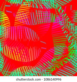 Vector pattern of neon feathers and leaves on a red background. For fabric or paper.
