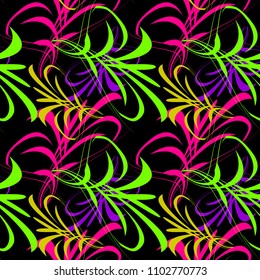 Vector pattern from neon lines and hieroglyphs for backgrounds on a black background in Japanese style. For paper and fabrics.
