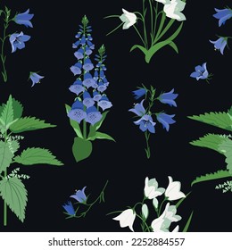 Vector pattern with nettle, campanula, digitalis on a black background. Seamless pattern for fabric, paper and other printing and web projects.