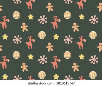 Vector pattern with new year elements-stars, snowflakes, cookies, moose. Christmas pattern on green background. Pattern for packaging, interior,banner