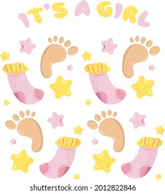 vector pattern for a newborn baby girl. Footprint and sock. Text, its a girl