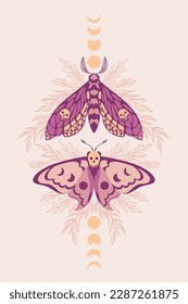 Vector pattern with night moths and flower branches. Pattern with butterflies and moon phases.