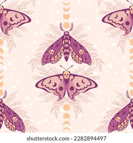 Vector pattern with night moths and moon phases. Night butterflies and zodiac constellations. Background for fabric and wrapping paper.