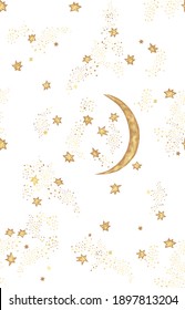 Vector pattern of night sky with moon. Gold stars on a white background. Minimalistic drawing.