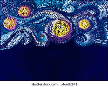 Vector pattern. Night sky with stars. Dots and points. Van Gogh style