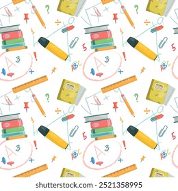 Padrão vetorial com bloco de notas, pilha de livros, lápis, régua e marca-texto.