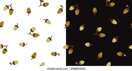 Vector pattern with oak acorns on white and black background. Template for printing botanical fabric and paper, wallpaper.