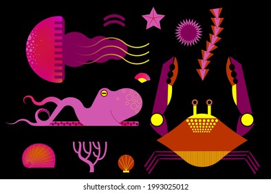 Vector  pattern with octopus, fishes and jellyfish. Squid, algae, deep sea fish and shells, drawn in minimalism logo design style. Illustration of ocean fauna