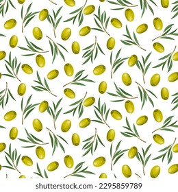 Patrón vectorial con aceitunas.Hojas y aceitunas verdes sobre un fondo transparente en un patrón vectorial sin costuras.