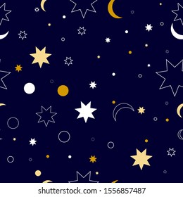 Vector pattern on blue backdrop. Minimalistic geometrical dots, moon and stars  background. Texture for decor.