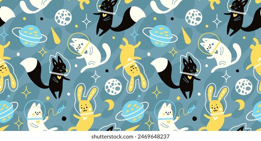 Vector pattern on a blue background. Astronauts in space: fox, cat, hare