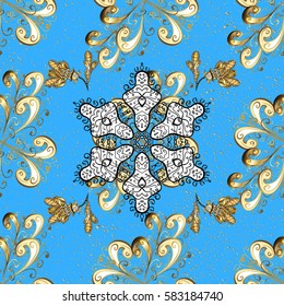 Vector pattern on blue background with golden elements. Damask pattern for design.