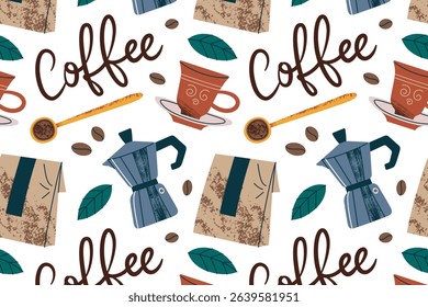 Vector pattern on coffee theme. Cartoon coffee cup with saucer, moka pot, handwritten word coffee, textured paper bag for beans, spoon with ground coffee, flat cozy illustration, seamless background