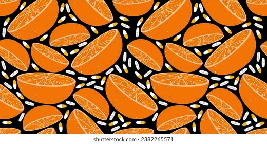 Vector pattern on a dark black isolated background with orange oranges and small capsules and tablets. Pattern on the theme vitamin C