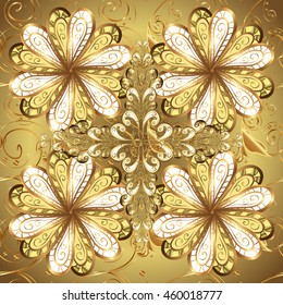 Vector pattern on golden background with floral doodles