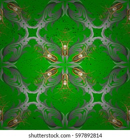 Vector pattern on green background with golden elements. Damask pattern for design.