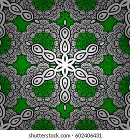 Vector pattern on green background with golden elements. Damask pattern for design.