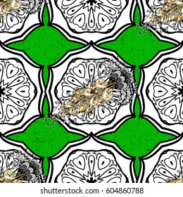 Vector pattern on green background with golden elements. Damask pattern for design.