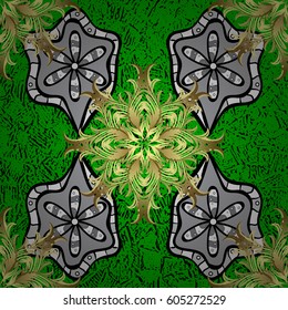 Vector pattern on green background with golden elements. Damask pattern for design.