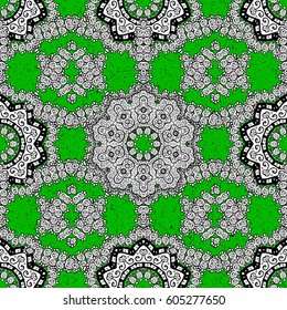 Vector pattern on green background with white elements. Damask pattern for design.