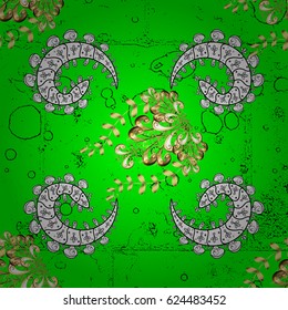 Vector pattern on green background with golden elements. Damask pattern for design.
