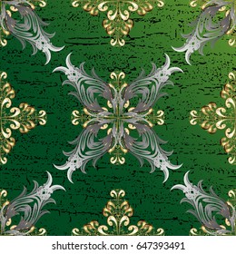Vector pattern on green background with golden elements. Damask pattern for design.
