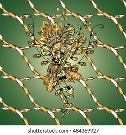 Vector pattern on green gradient background with golden flowers
