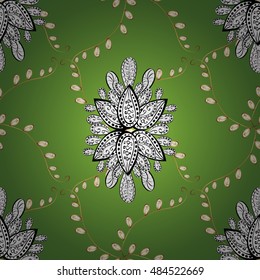 Vector pattern on green gradient background with golden and white flowers