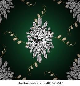 Vector pattern on green gradient background with golden and white flowers