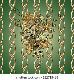 Vector pattern on green gradient background with golden flowers