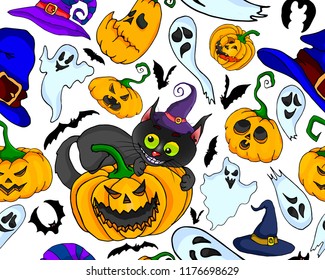 Vector pattern on Halloween with a black cat, pumpkins, perfume and bats