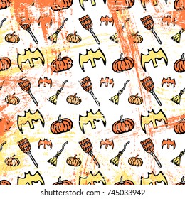 Vector pattern on Halloween. Images hats, pumpkins, spider webs, broom, etc. October Festival. It can be used for packaging, invitations, greeting cards, etc.