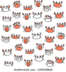 Vector  pattern on the marine themed hand drawn linear cartoon crab on the white background.Child Illustration.