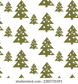 Vector pattern on the New Year theme. Green Christmas trees on a white background. Vintage, grunge, minimalism, holidays. Gift wrapping, tablecloth, fabric. Eps10