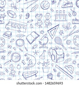 Vector pattern on a notebook sheet with hand-drawn school drawings