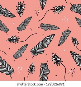 Vector pattern on pink background. Palm leaves. Summer mood. Illustrations for print, fabric, packaging design. Summer mood.
