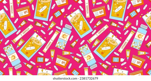 Vector pattern on a pink background with glasses of orange juice, vitamins, jars of cream and pills. Pattern on the theme vitamin C