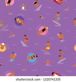 Vector pattern on a purple background with sea, summer, people.