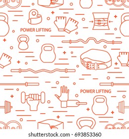 Vector pattern on the sports theme. Different goods for weightlifting. Series of Sporting Patterns.