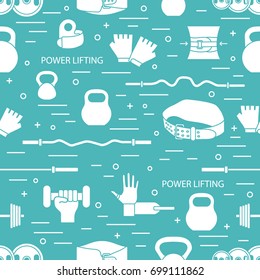Vector pattern on the sports theme. Different goods for weightlifting. Series of Sporting Patterns.