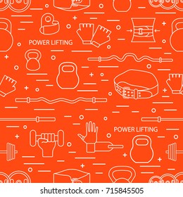 Vector pattern on the sports theme. Different goods for weightlifting. Series of Sporting Patterns.