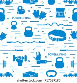 Vector pattern on the sports theme. Different goods for weightlifting. Series of Sporting Patterns.