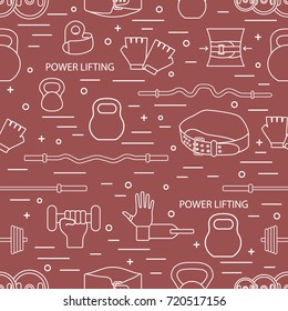 Vector pattern on the sports theme. Different goods for weightlifting. Series of Sporting Patterns.