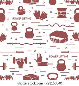 Vector pattern on the sports theme. Different goods for weightlifting. Series of Sporting Patterns.