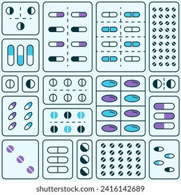 Vector pattern on the subject of pharmaceuticals, pharmacies. Image of different types of tablet plates. Illustration of outline elements on a blue background.