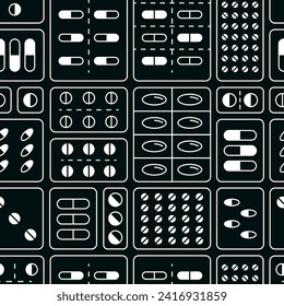 Vector pattern on the subject of pharmaceuticals, pharmacies. Image of different types of tablet plates. Illustration on a dark background.