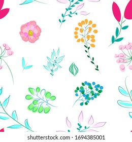 Vector pattern on a summer theme. Simple and beautiful pattern with leaves and branches. Bright flowers. Delicate pastel colors. Suitable for printing on fabric and paper.