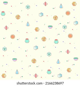 Vector pattern on the theme of 3D Shapes, geometric, octagon, Triangle, circle, hexagon, abstract, cube and more. simple color icons on beige background.